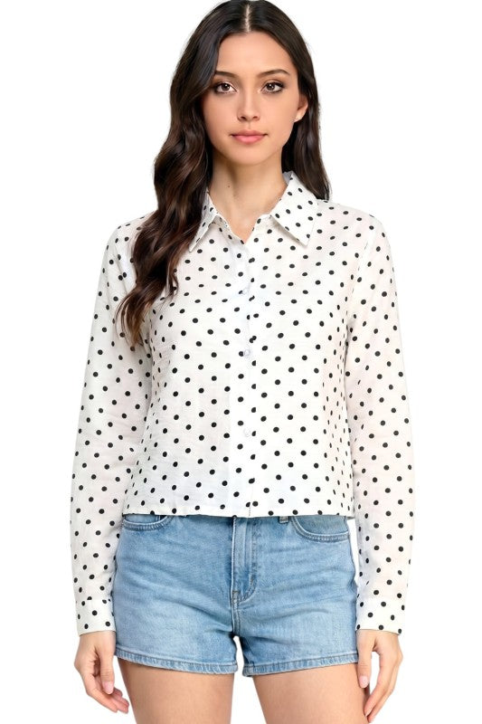 LELIS-902 Polka Dot Button Down Top – Long Sleeve Style