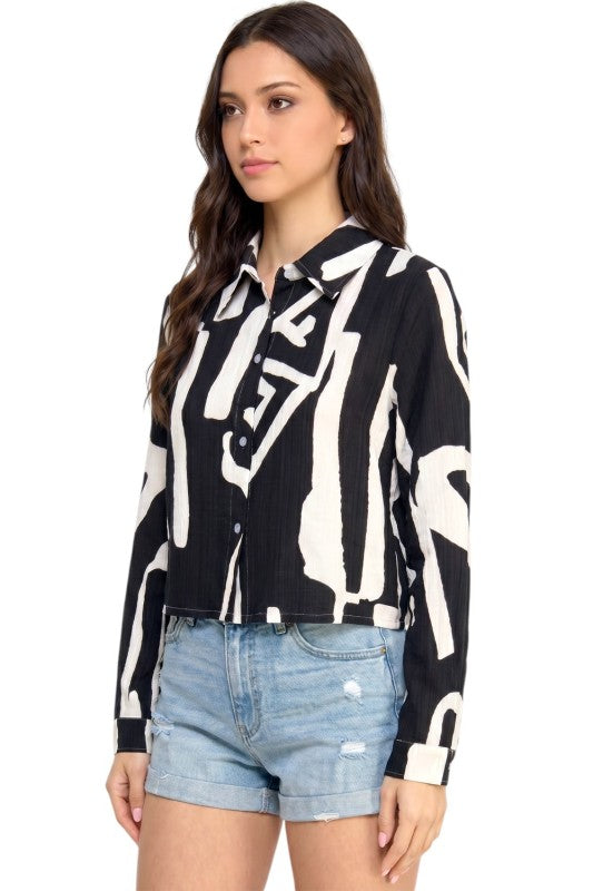 LELIS-802 Unique Print Button Down Top – Long Sleeve Style