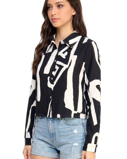 LELIS-802 Unique Print Button Down Top – Long Sleeve Style