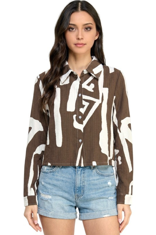 LELIS-802 Unique Print Button Down Top – Long Sleeve Style