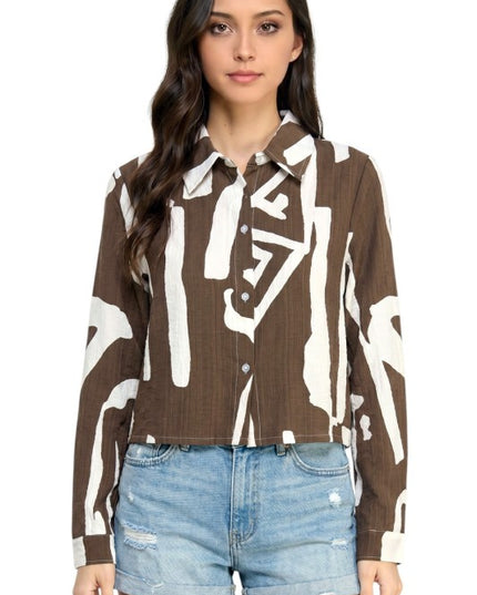 LELIS-802 Unique Print Button Down Top – Long Sleeve Style