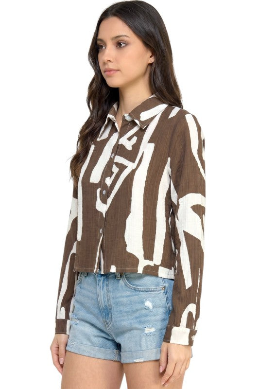LELIS-802 Unique Print Button Down Top – Long Sleeve Style