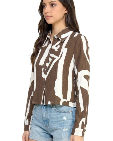 LELIS-802 Unique Print Button Down Top – Long Sleeve Style
