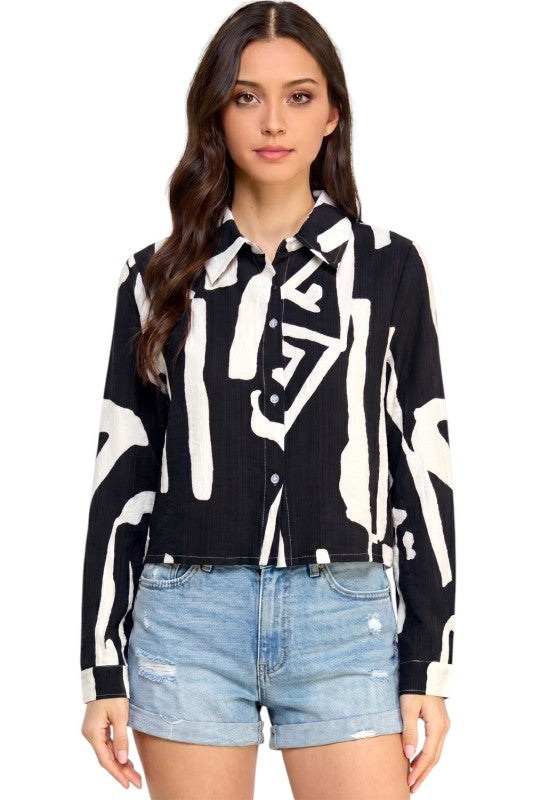 LELIS-802 Unique Print Button Down Top – Long Sleeve Style