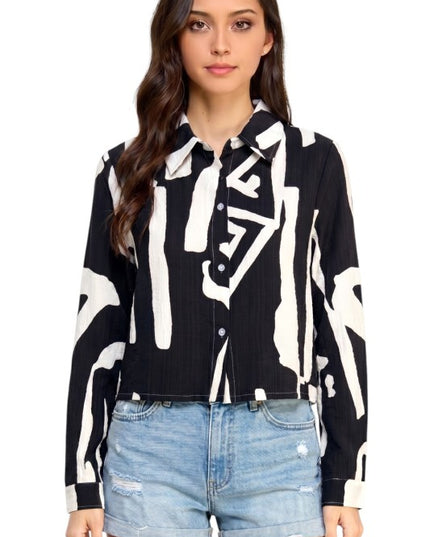 LELIS-802 Unique Print Button Down Top – Long Sleeve Style