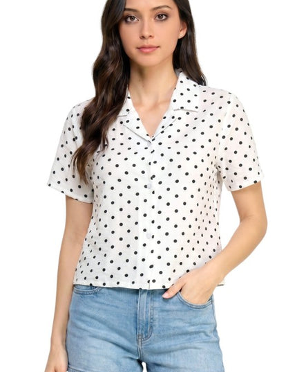 LELIS-901 Polka Dot Button Down Top – Short Sleeve Style