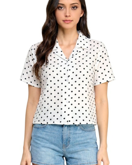 LELIS-901 Polka Dot Button Down Top – Short Sleeve Style