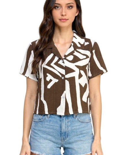 LELIS-801 Unique Print Button Down Top – Short Sleeve Style