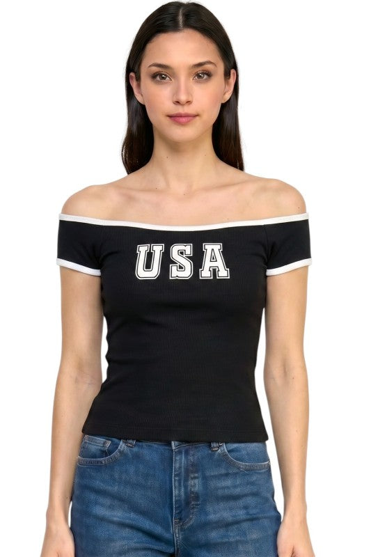 PT81 Off Shoulder Top – USA Graphic Statement Style