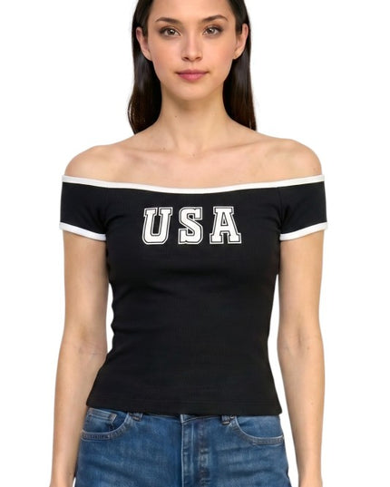 PT81 Off Shoulder Top – USA Graphic Statement Style