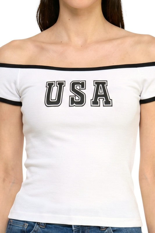 PT81 Off Shoulder Top – USA Graphic Statement Style