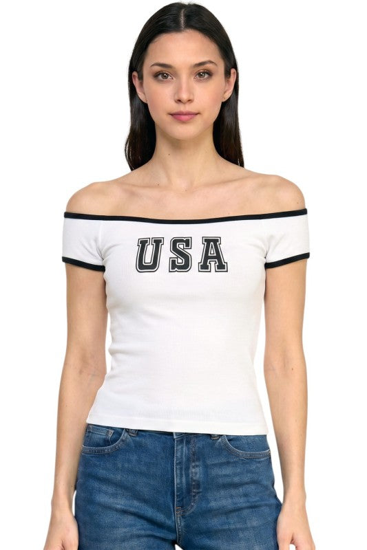 PT81 Off Shoulder Top – USA Graphic Statement Style
