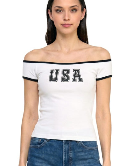 PT81 Off Shoulder Top – USA Graphic Statement Style
