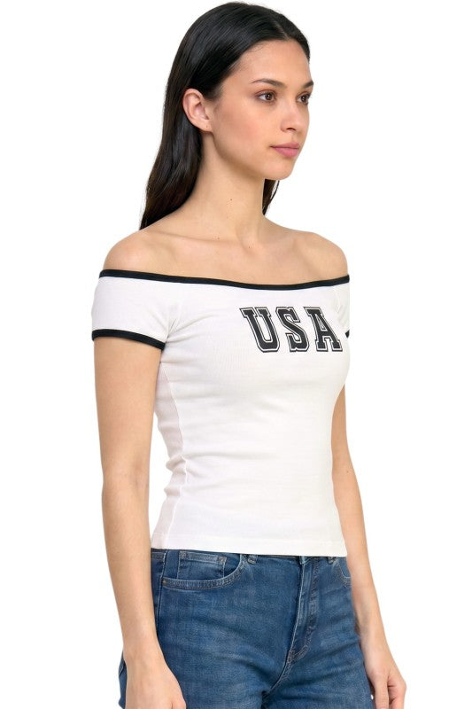 PT81 Off Shoulder Top – USA Graphic Statement Style
