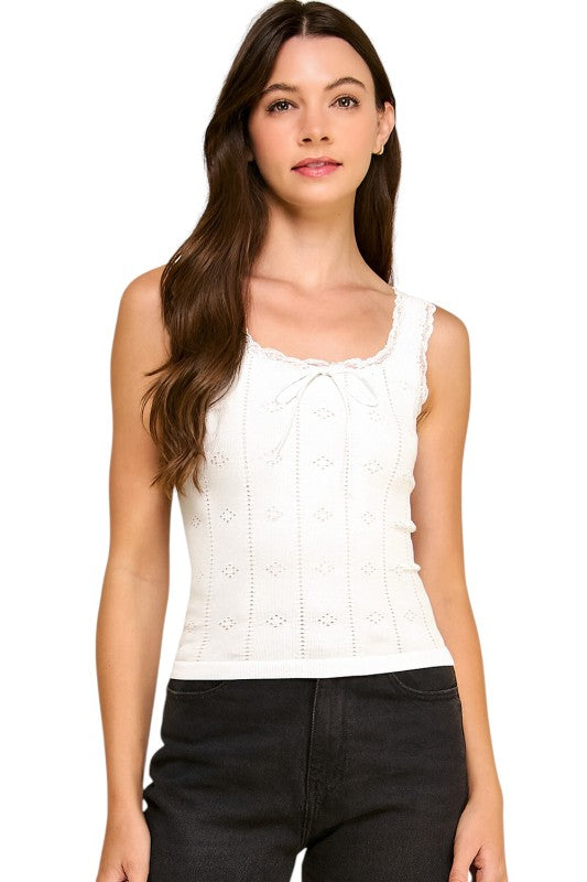 PT004L Lace Trim Tank Top – Fitted Stretch Ribbed Top