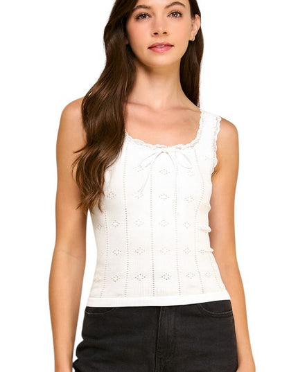 PT004L Lace Trim Tank Top – Fitted Stretch Ribbed Top