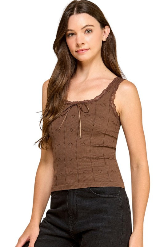 PT004L Lace Trim Tank Top – Fitted Stretch Ribbed Top