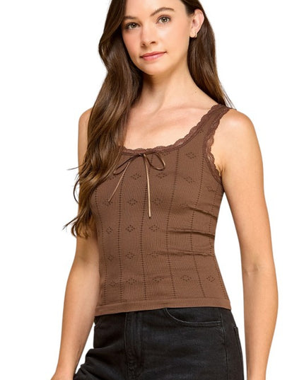 PT004L Lace Trim Tank Top – Fitted Stretch Ribbed Top
