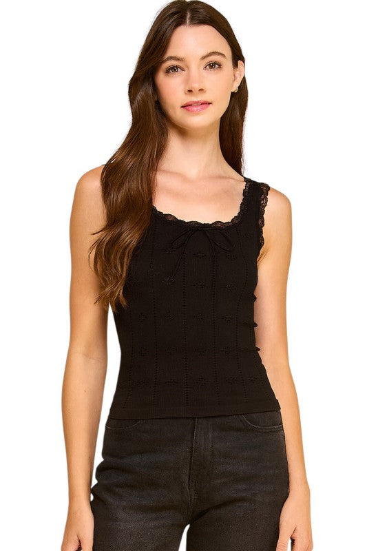 PT004L Lace Trim Tank Top – Fitted Stretch Ribbed Top