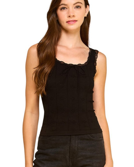 PT004L Lace Trim Tank Top – Fitted Stretch Ribbed Top