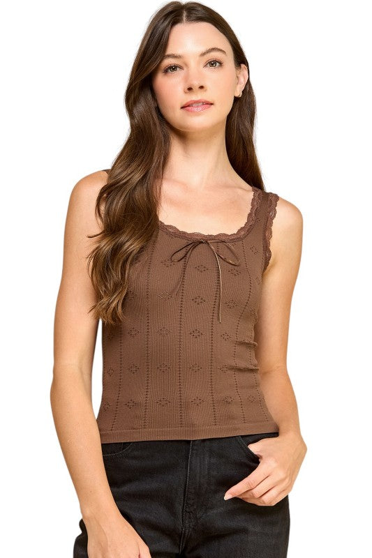 PT004L Lace Trim Tank Top – Fitted Stretch Ribbed Top