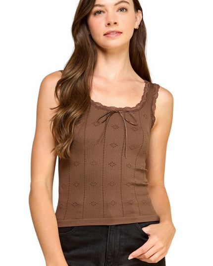 PT004L Lace Trim Tank Top – Fitted Stretch Ribbed Top