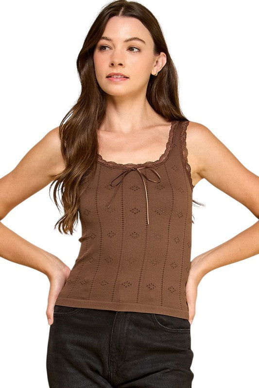 PT004L Lace Trim Tank Top – Fitted Stretch Ribbed Top