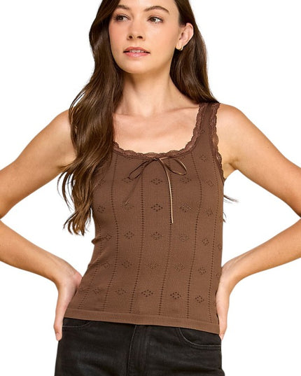 PT004L Lace Trim Tank Top – Fitted Stretch Ribbed Top