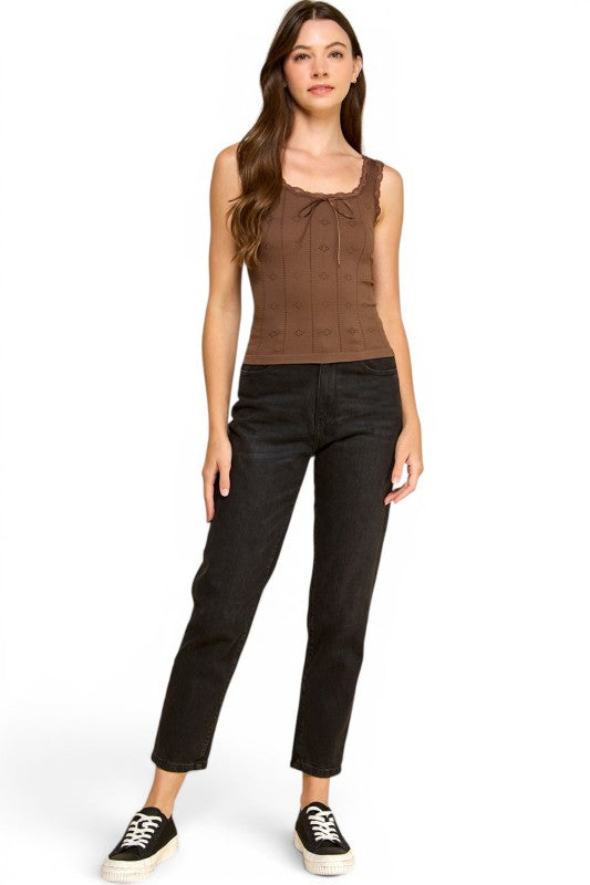 PT004L Lace Trim Tank Top – Fitted Stretch Ribbed Top