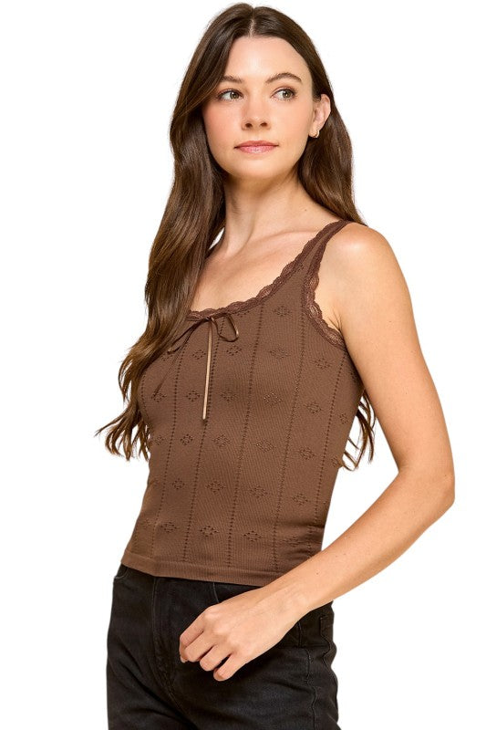 PT004L Lace Trim Tank Top – Fitted Stretch Ribbed Top