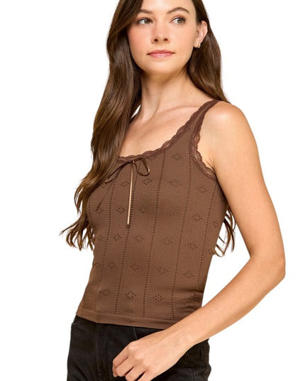 PT004L Lace Trim Tank Top – Fitted Stretch Ribbed Top