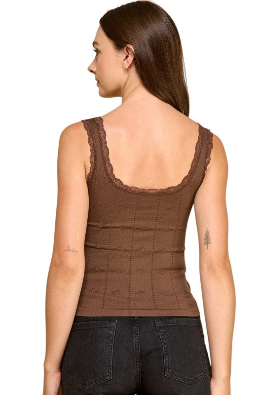 PT004L Lace Trim Tank Top – Fitted Stretch Ribbed Top