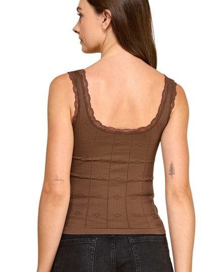 PT004L Lace Trim Tank Top – Fitted Stretch Ribbed Top