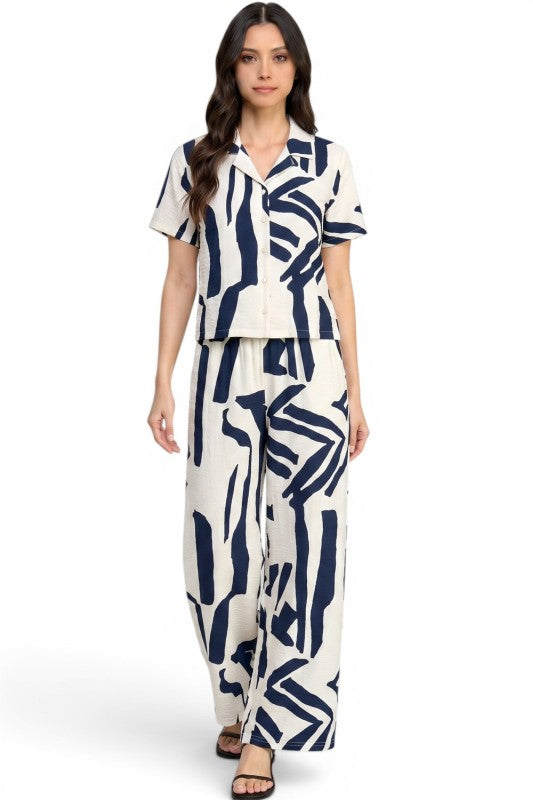 LELIS-701SET Printed Button Down Top & Wide Leg Pants Set