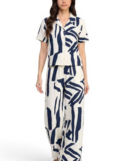 LELIS-701SET Printed Button Down Top & Wide Leg Pants Set