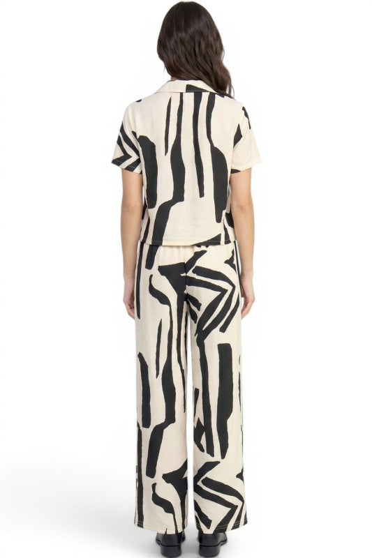 LELIS-701SET Printed Button Down Top & Wide Leg Pants Set