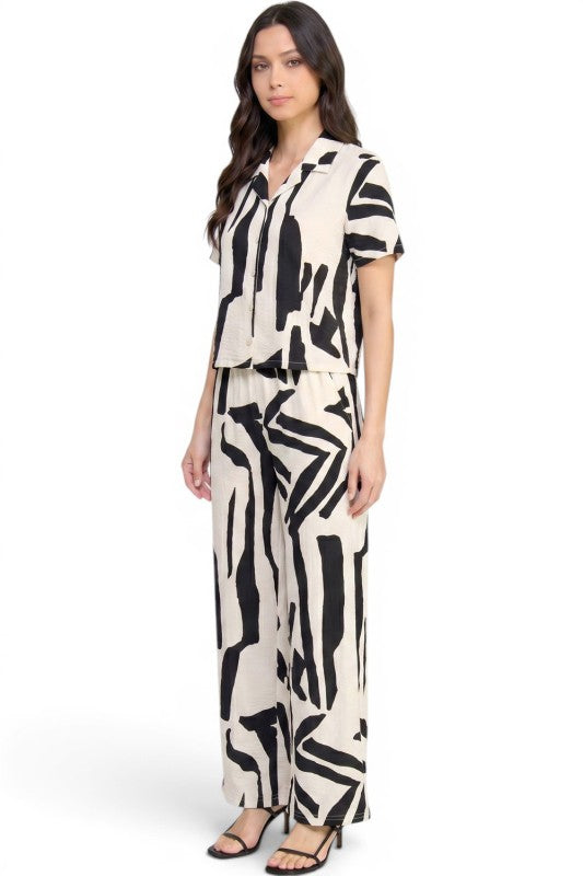 LELIS-701SET Printed Button Down Top & Wide Leg Pants Set