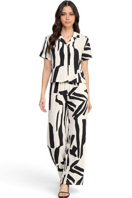 LELIS-701SET Printed Button Down Top & Wide Leg Pants Set