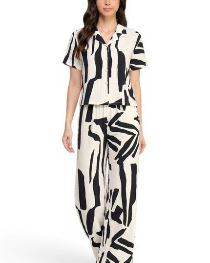 LELIS-701SET Printed Button Down Top & Wide Leg Pants Set