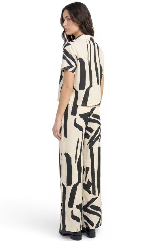 LELIS-701SET Printed Button Down Top & Wide Leg Pants Set