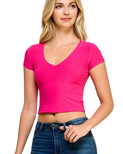 DLT14 V-Neck Crop Top – Fitted Stretch Short Sleeve Top