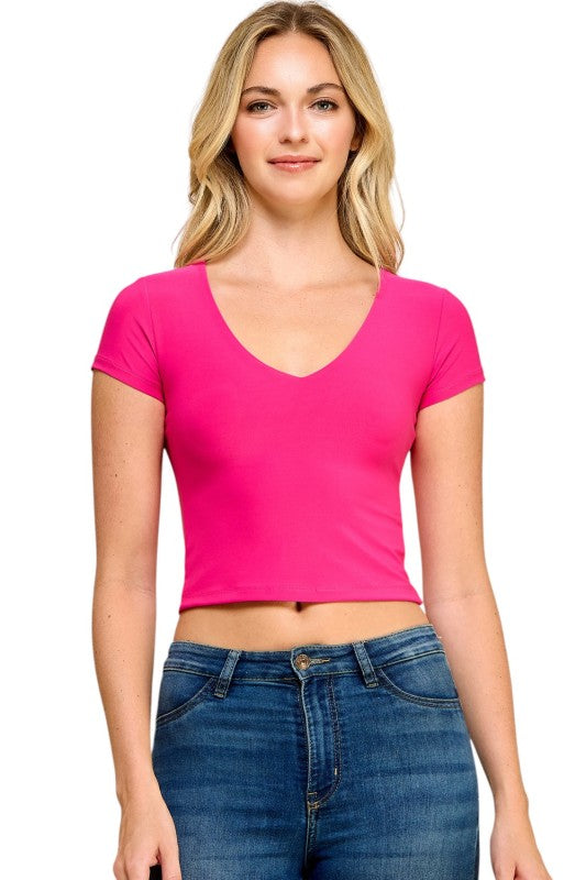 DLT14 V-Neck Crop Top – Fitted Stretch Short Sleeve Top