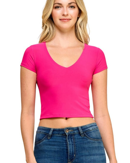 DLT14 V-Neck Crop Top – Fitted Stretch Short Sleeve Top