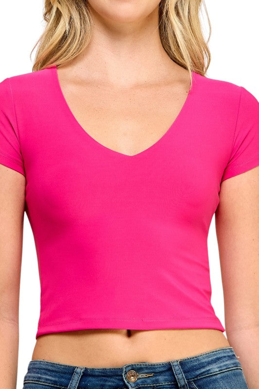 DLT14 V-Neck Crop Top – Fitted Stretch Short Sleeve Top