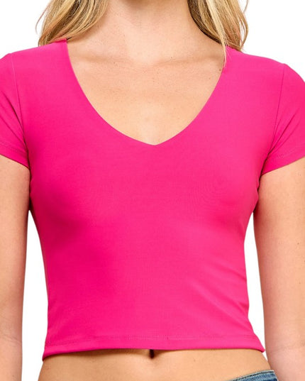DLT14 V-Neck Crop Top – Fitted Stretch Short Sleeve Top