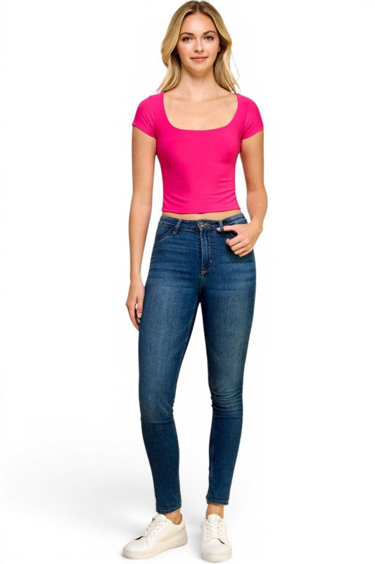 DLT13 Square Neck Crop Top – Fitted Stretch Short Sleeve Top