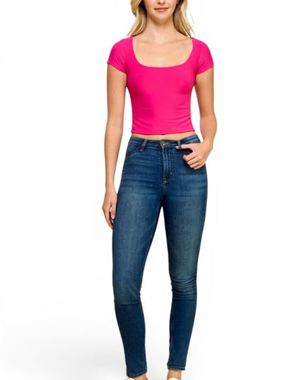 DLT13 Square Neck Crop Top – Fitted Stretch Short Sleeve Top