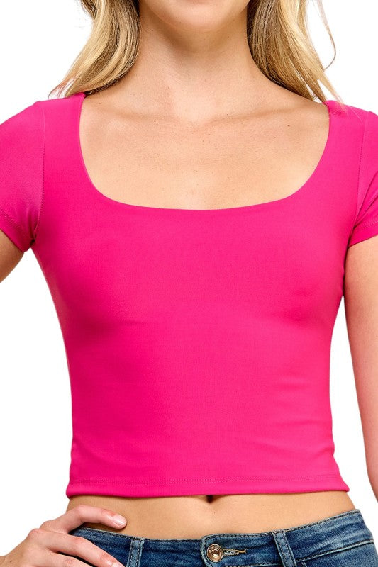 DLT13 Square Neck Crop Top – Fitted Stretch Short Sleeve Top