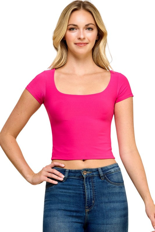 DLT13 Square Neck Crop Top – Fitted Stretch Short Sleeve Top