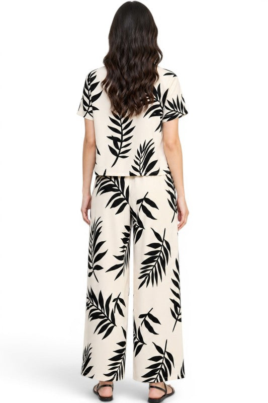 LELIS-201SET Leaf Print Pant Set – Button Down Top Style